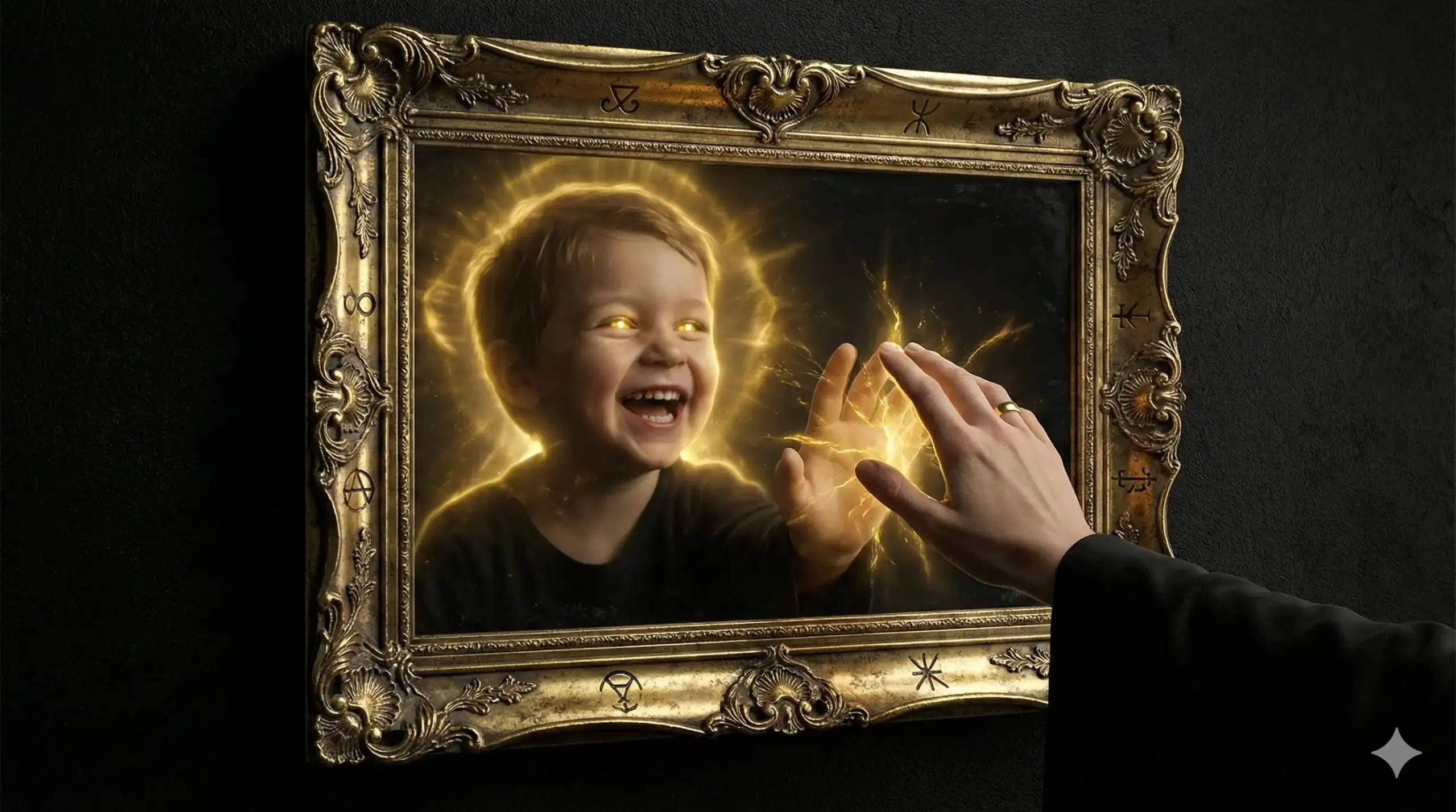 Взрослый касается зеркала, в котором отражается смеющийся ребенок.