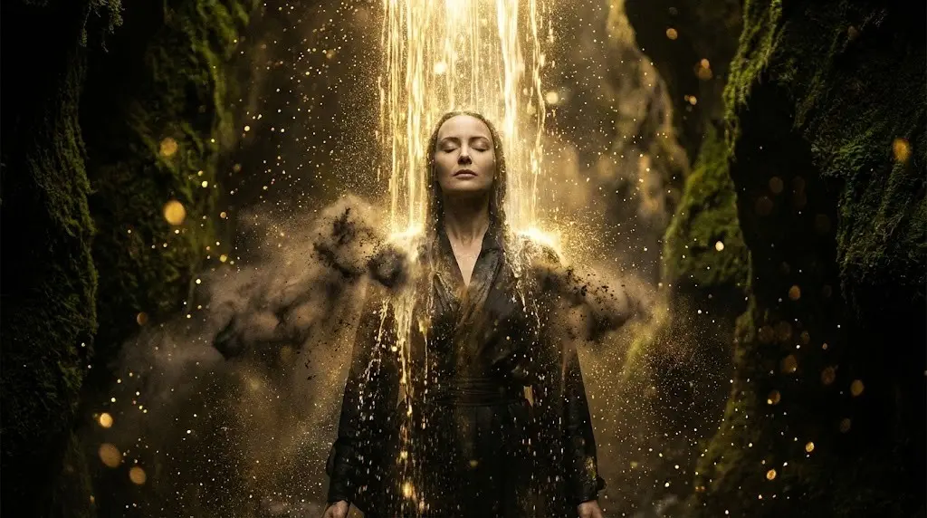 Водопад из жидкого света смывает темную энергию с женщины.