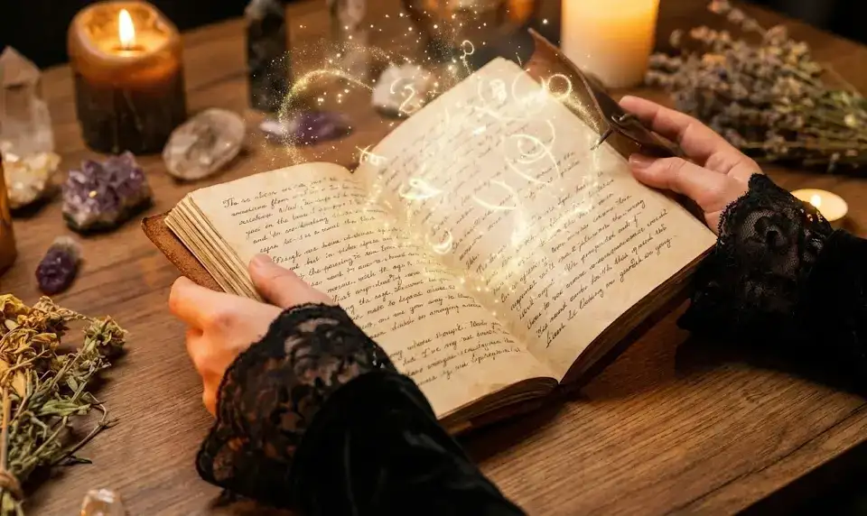 Ведение Дневника как Инструмент Самопознания: 7 Техник для Диалога с Душой 4 Крупный план рук, держащих дневник благодарности, от страниц которого исходят золотые магические искры.