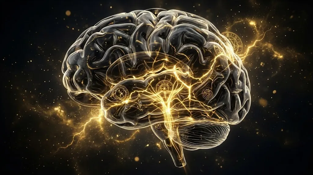 Закон Притяжения: Научный и эзотерический взгляд на создание реальности 4 Стилизованное изображение мозга с сияющими золотыми нейронными связями.