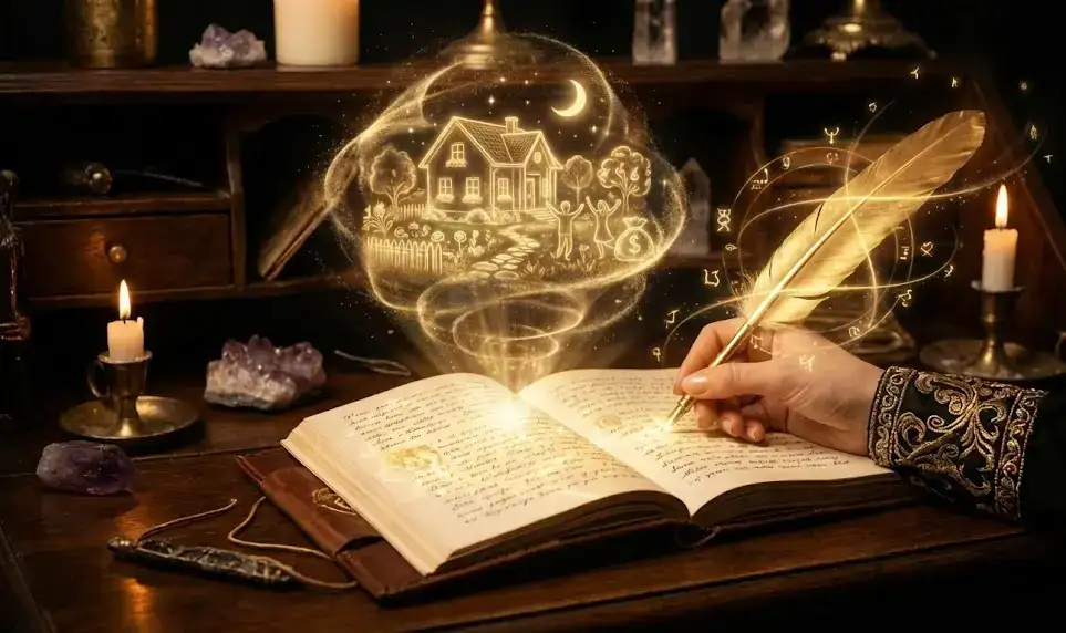 Ведение Дневника как Инструмент Самопознания: 7 Техник для Диалога с Душой 5 Рука пишет золотым пером в дневнике, создавая над страницами светящуюся голограмму дома мечты.