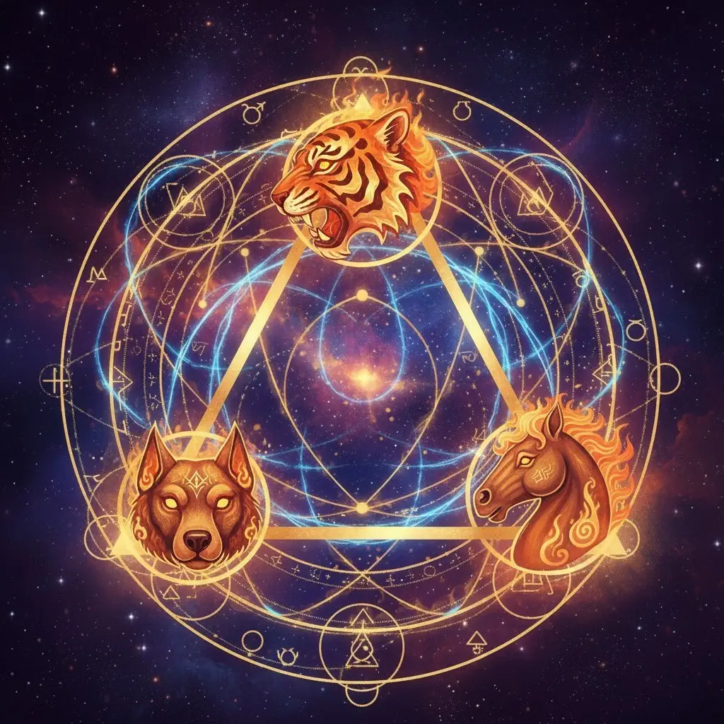 Треугольник Огня в китайском гороскопе: Тигр, Собака, Лошадь.