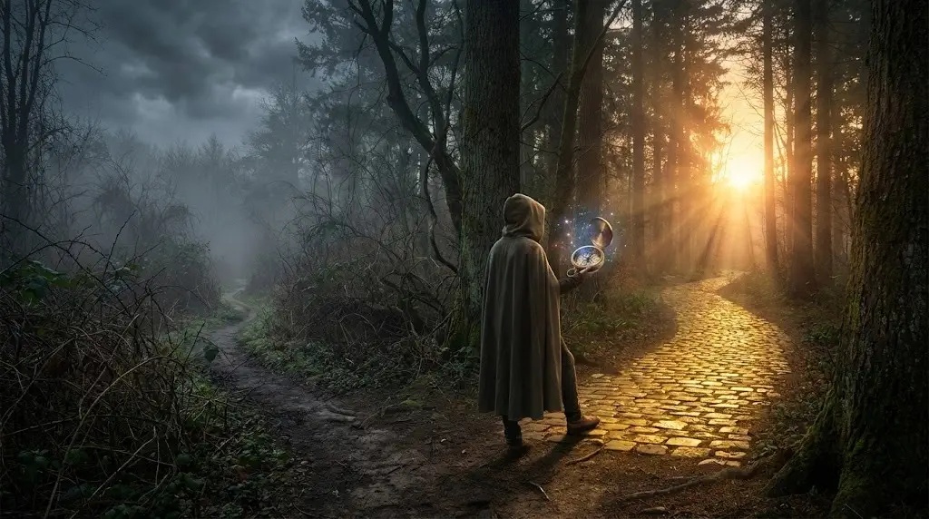 Человек на перепутье в лесу выбирает между темным и светлым путем к восходу солнца.