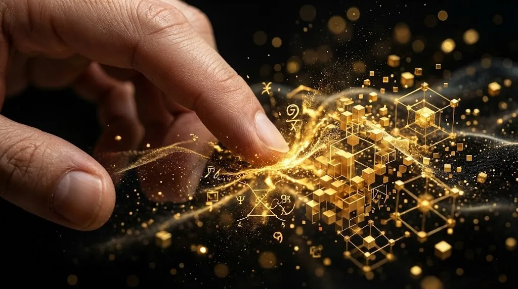 Закон Притяжения: Научный и эзотерический взгляд на создание реальности 6 Рука, касающаяся воздуха, превращает энергию в золотую материю.