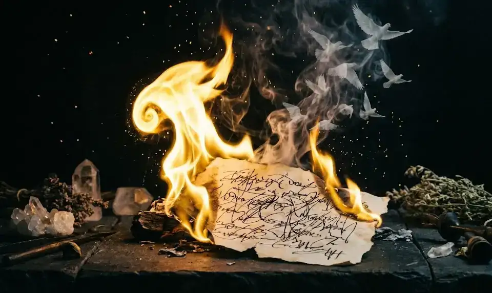 Ведение Дневника как Инструмент Самопознания: 7 Техник для Диалога с Душой 6 Лист бумаги с негативными записями сгорает в очищающем золотом пламени, дым превращается в белых птиц.
