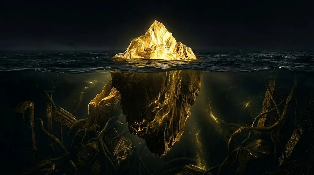 Закон Притяжения: Научный и эзотерический взгляд на создание реальности 5 Золотой айсберг в темном океане, символизирующий сознание и подсознание.
