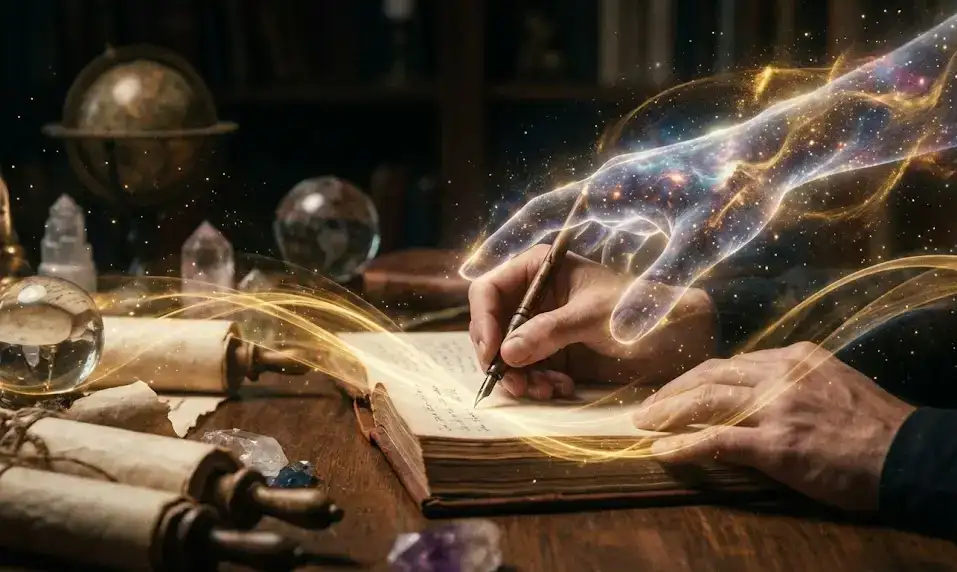 Ведение Дневника как Инструмент Самопознания: 7 Техник для Диалога с Душой 7 Призрачная рука, сотканная из звездного света, направляет руку человека, пишущего в старинной книге.