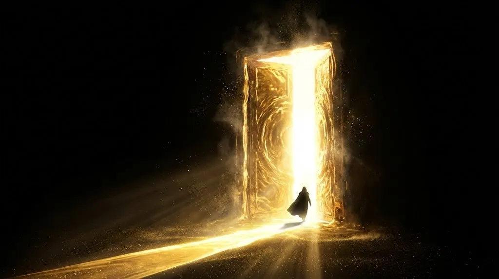 Закон Притяжения: Научный и эзотерический взгляд на создание реальности 8 Действие. Иллюстрация того, что нужно войти в открытую дверь возможностей. Человек входит в огромную золотую дверь, открывающуюся в темноте.