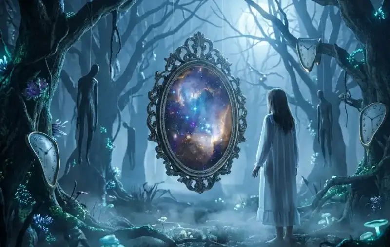 Девушка гадает на зеркале в магическом лесу осознанный сон