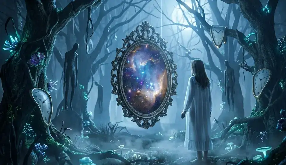 Девушка гадает на зеркале в магическом лесу осознанный сон