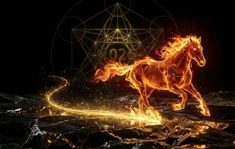 Огненная лошадь символ 2026 года в мистическом пространстве.