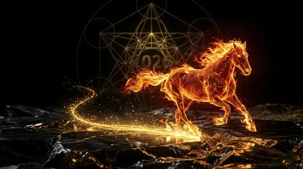 Огненная лошадь символ 2026 года в мистическом пространстве.