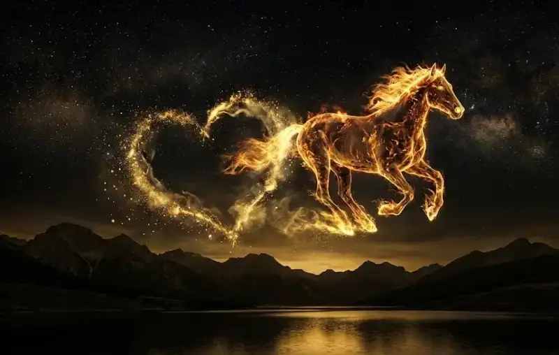 Огненная лошадь символ 2026 года летит по звездному небу