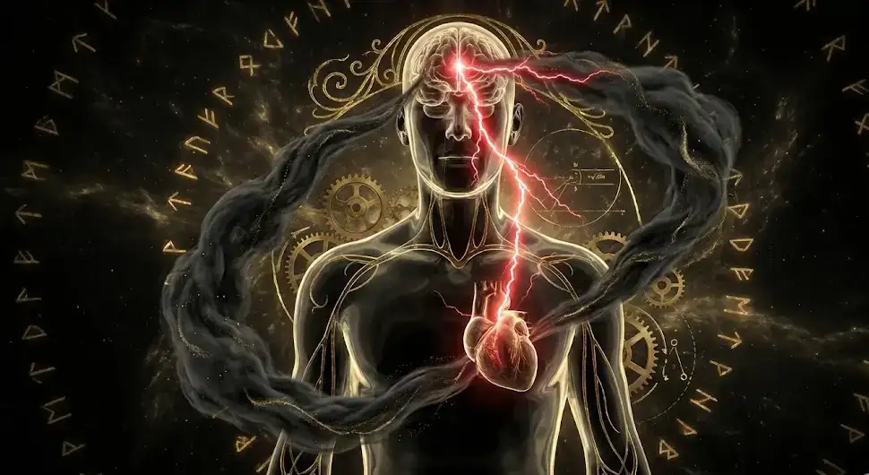 Схематичное изображение человека с молнией от мозга к сердцу, показывающее связь мыслей и эмоций.