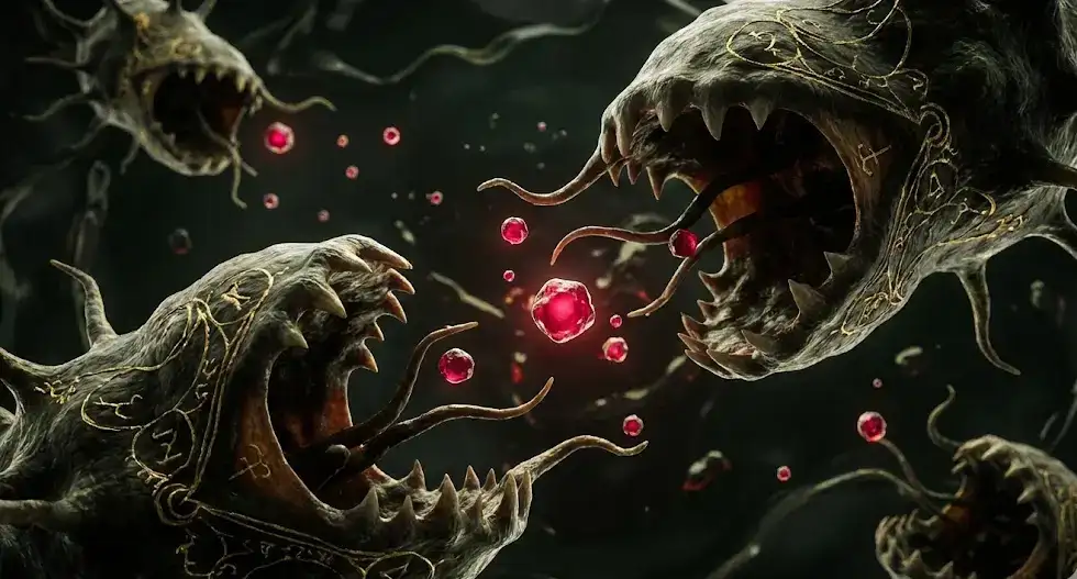 Микроскопические клетки, жадно поглощающие частицы стресса, метафора клеточной зависимости.