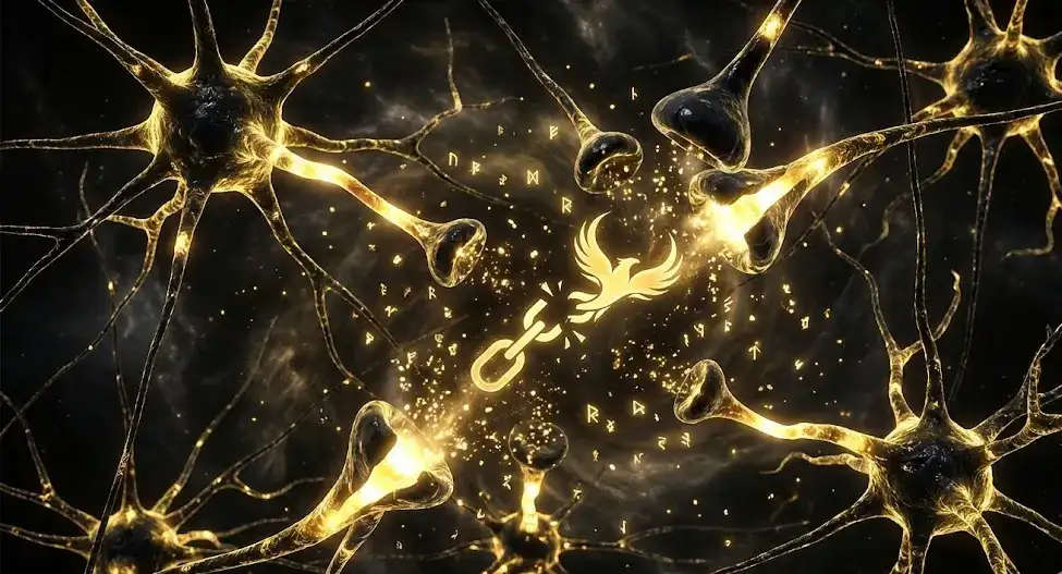 04 Razryvayushhiesya nejronnye svyazi zapolnyaemye zolotym svetom simvol nejroplastichnosti. result e1768926782295