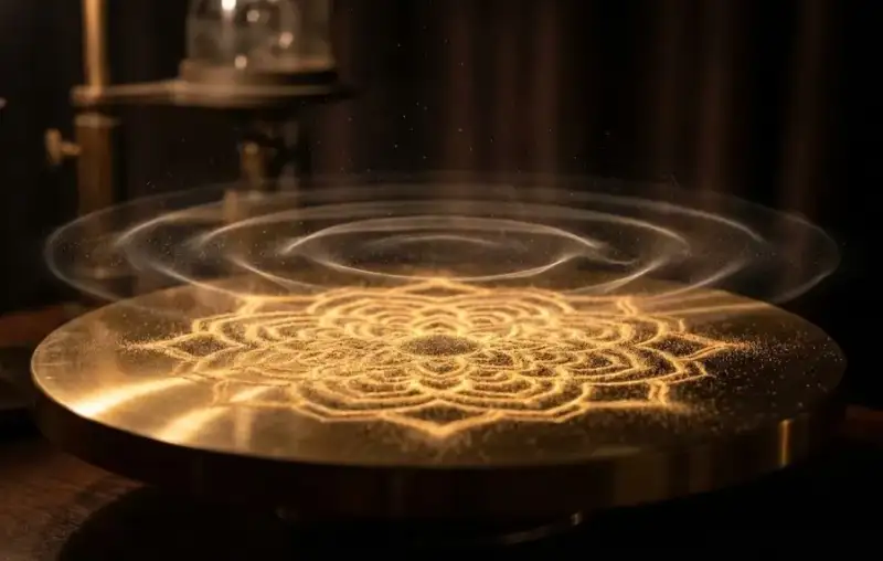 Узоры киматики на песке под воздействием звуковой вибрации.