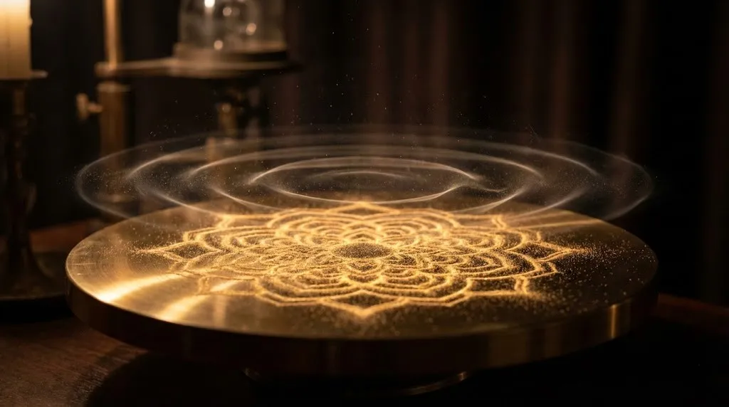 Узоры киматики на песке под воздействием звуковой вибрации.