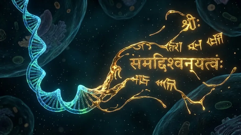 Молекула ДНК, превращающаяся в светящийся текст.