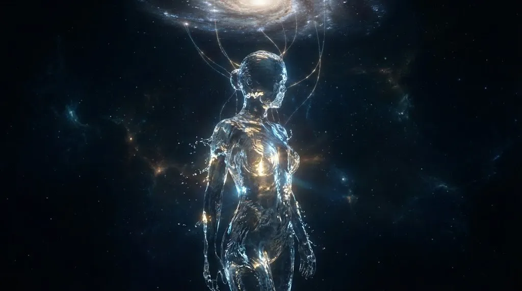 Женский силуэт, состоящий из сияющей воды.