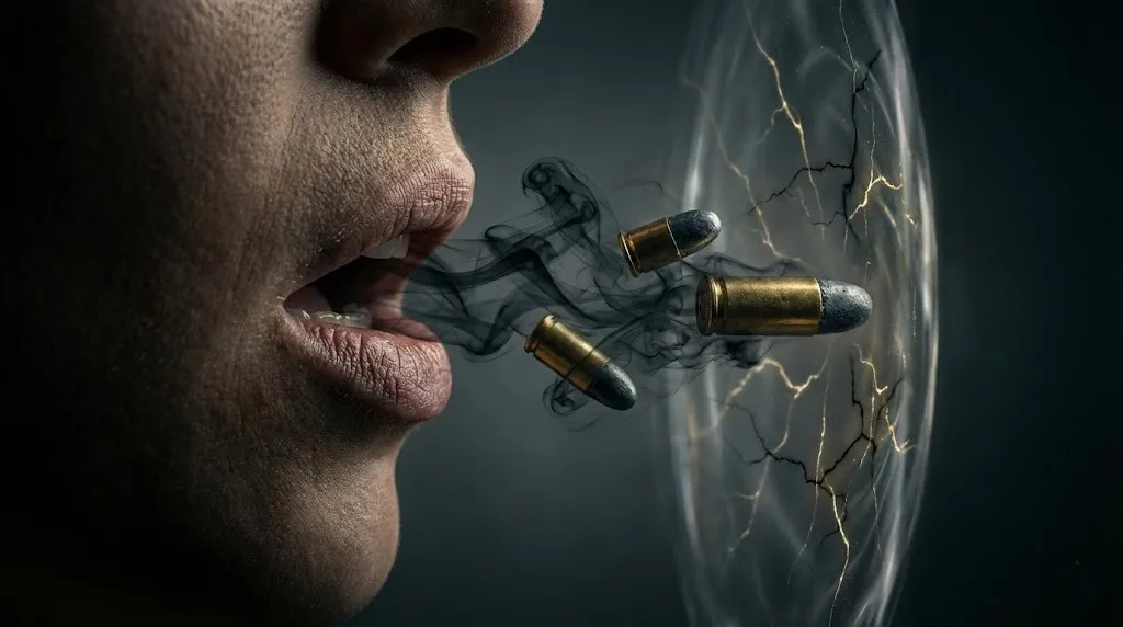 Слова вылетают изо рта в виде тяжелых пуль и дыма.