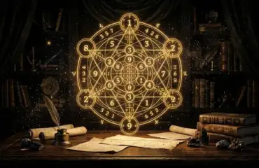 Золотой нумерологический круг на черном фоне