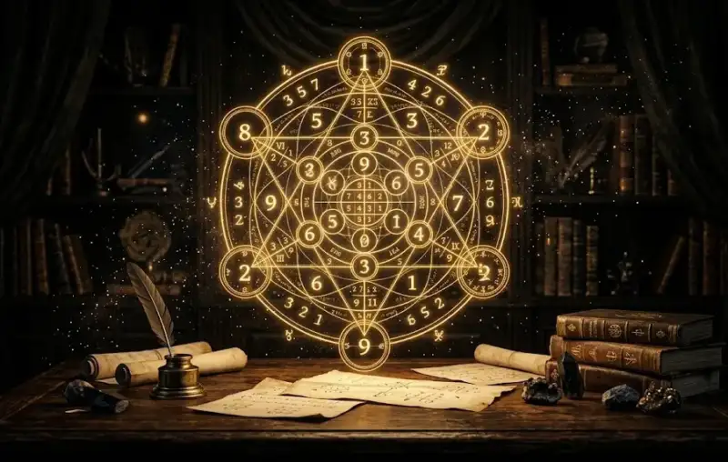 Золотой нумерологический круг на черном фоне