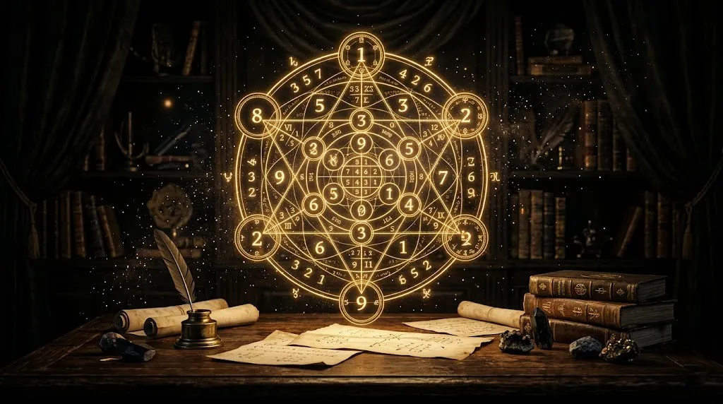 Золотой нумерологический круг на черном фоне