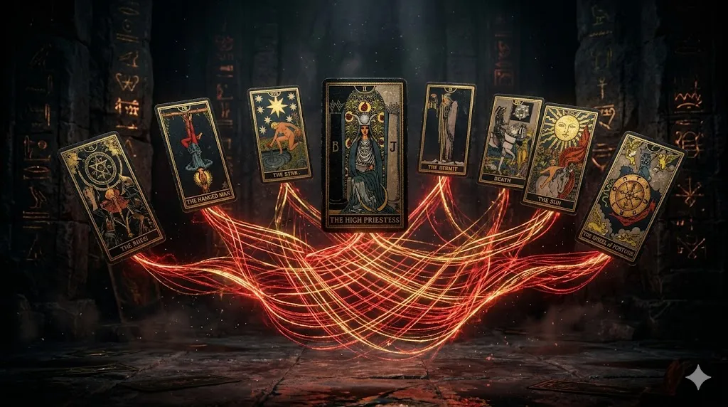 Карты Таро парят над светящимися нитями судьбы