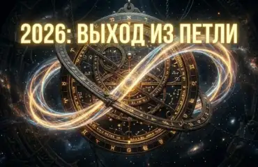 Золотая астролябия и светящийся знак бесконечности, символизирующие кармические узлы 2026 года на темном фоне.