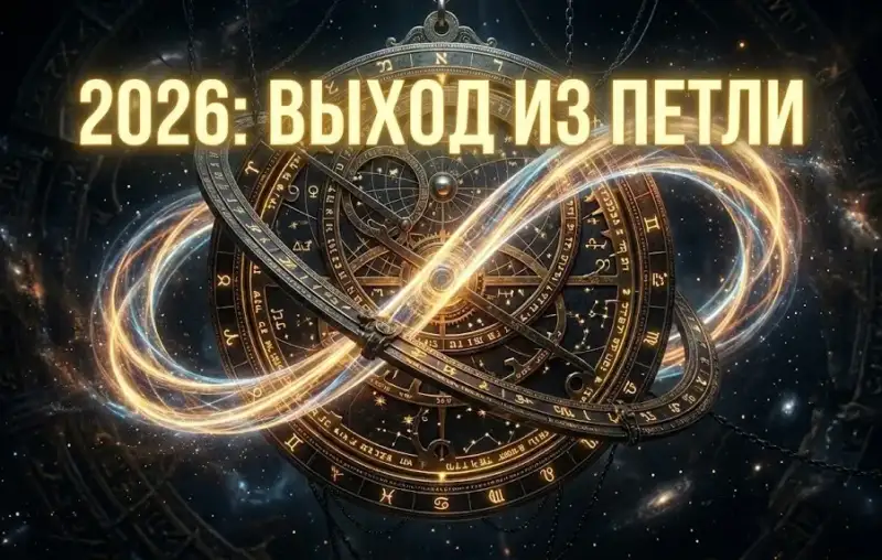 Золотая астролябия и светящийся знак бесконечности, символизирующие кармические узлы 2026 года на темном фоне.