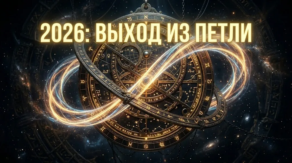 Золотая астролябия и светящийся знак бесконечности, символизирующие кармические узлы 2026 года на темном фоне.