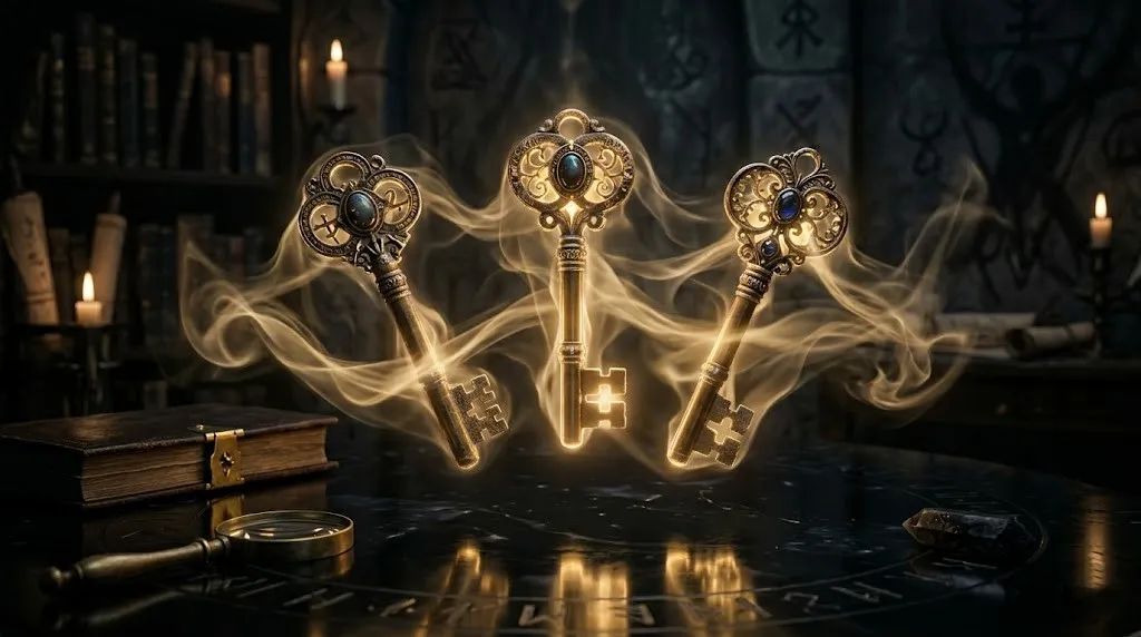 Три светящихся старинных ключа над темным столом как символ доступа к карме.