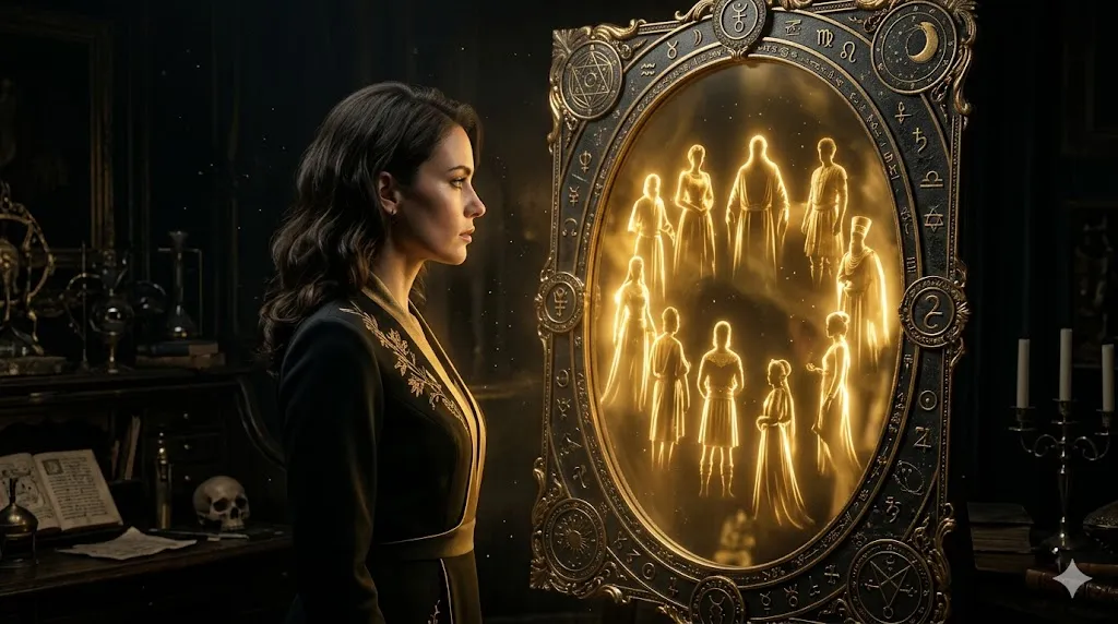 Женщина видит силуэты предков в зеркале