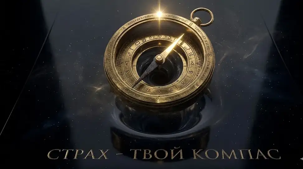Древний латунный компас, парящий над обсидианом, указывающий направления Северного и Южного лунных узлов.