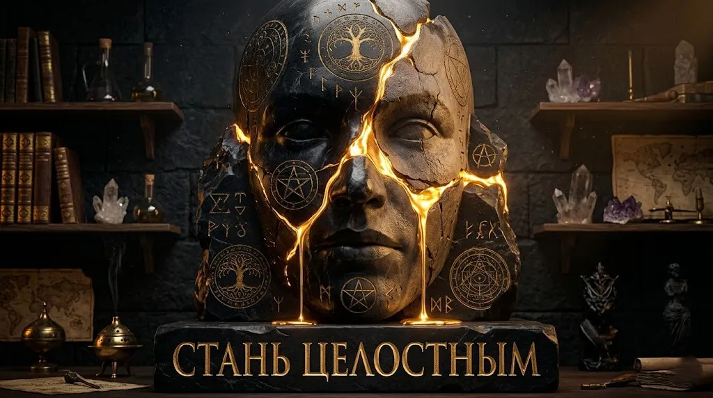 Темная каменная маска, склеенная сияющим золотом в японской технике кинцуги.