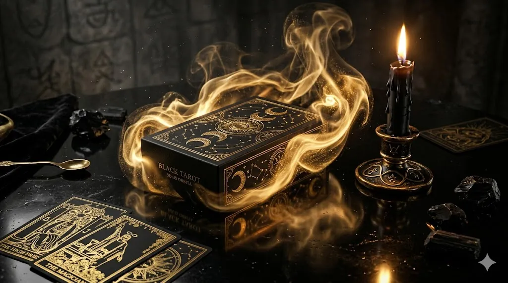 Черная колода Таро и горящая свеча на обсидиановом столе