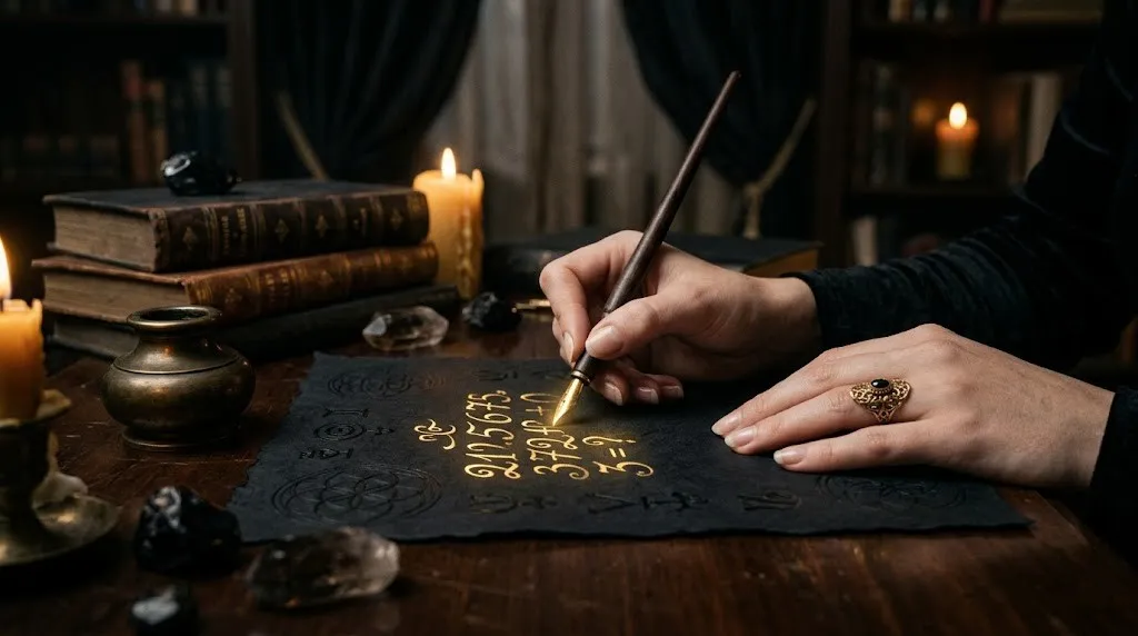 Кармические долги в дате рождения: полное руководство по расчету и компенсаторике 3 Женские руки пишут светящиеся цифры на пергаменте