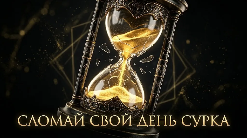Разбитые песочные часы с золотым песком, текущим вверх, как символ сломанного дня сурка.