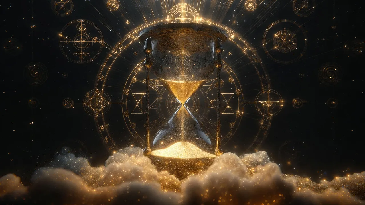 Песочные часы, превращающиеся в звездную пыль, символ времени и изменения кармы.