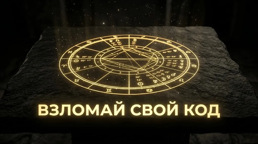 Светящаяся золотая астрологическая натальная карта, спроецированная на темный каменный стол.