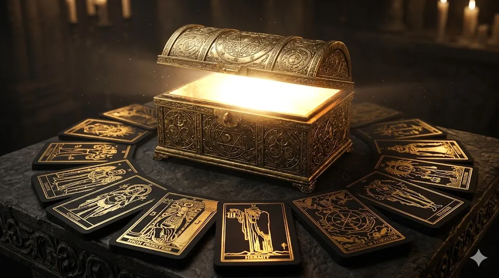 Светящийся золотой сундук открывается в темноте