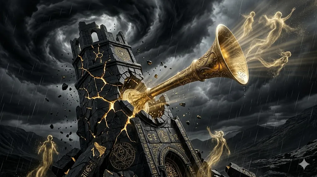 Разрушающаяся каменная башня и золотой ангельский горн