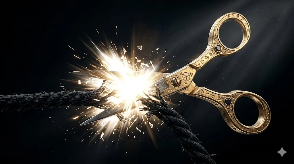 Золотые ножницы перерезают толстую черную нить