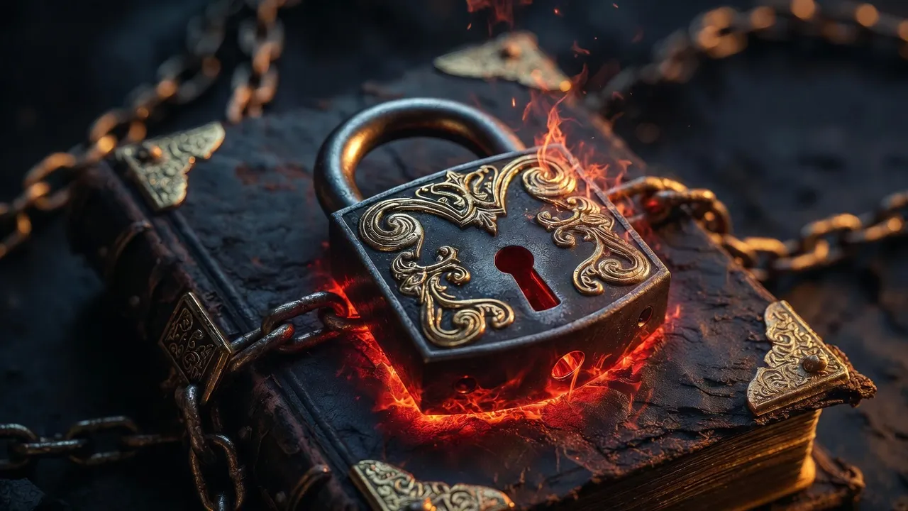Закрытый замок на древней книге, символ защиты чужой кармы