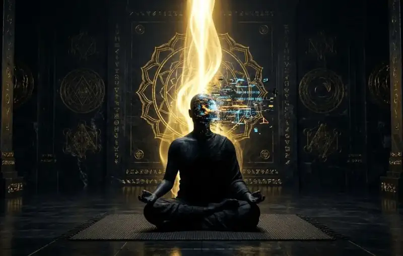 Силуэт человека в дзен-медитации, внутри головы которого цифровой шум и хаотичные мысли растворяются в чистом свете.