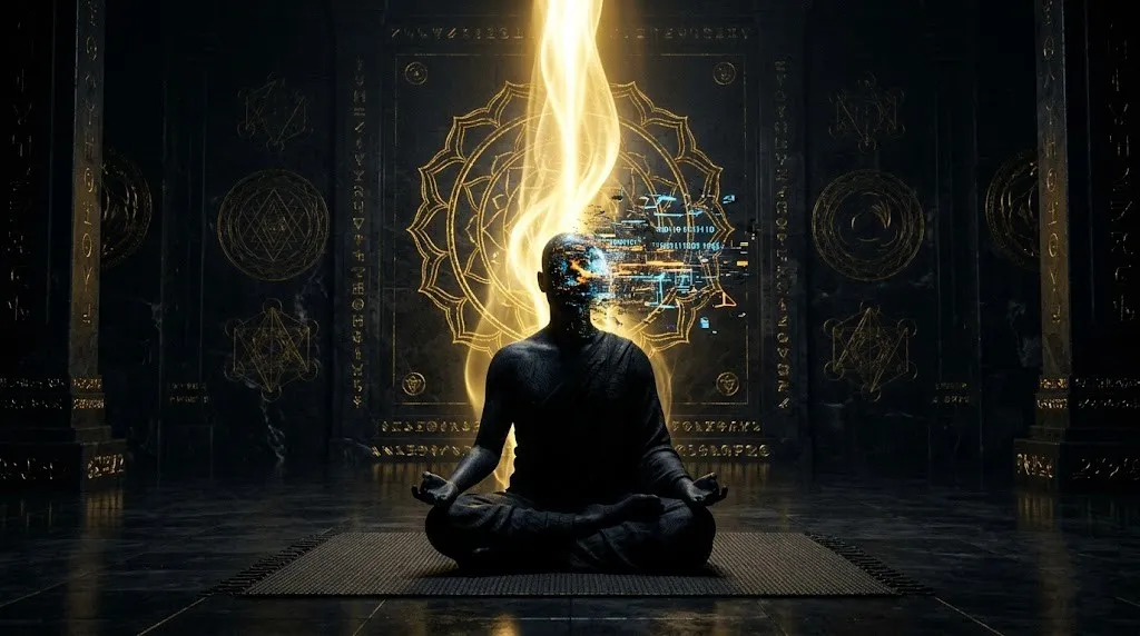 Силуэт человека в дзен-медитации, внутри головы которого цифровой шум и хаотичные мысли растворяются в чистом свете.