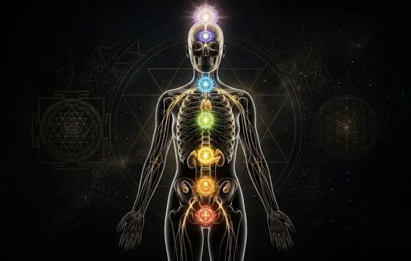 Светящиеся энергетические центры, наложенные на рентгеновский снимок нервной и эндокринной систем человека.