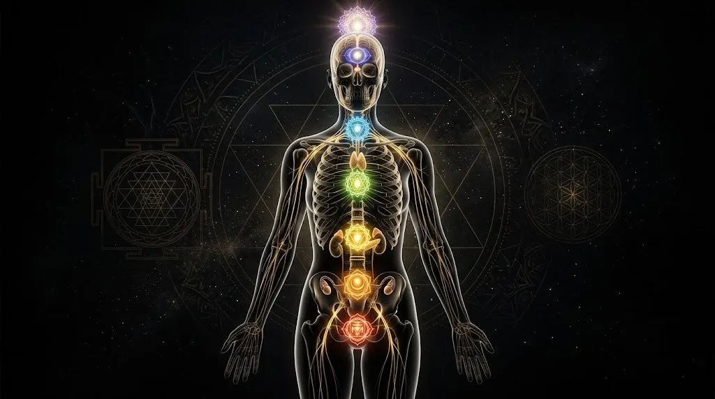 Светящиеся энергетические центры, наложенные на рентгеновский снимок нервной и эндокринной систем человека.