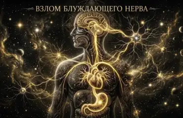 Нейробиология осознанности и светящийся блуждающий нерв в теле человека на фоне космоса.